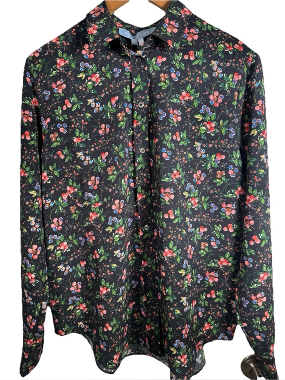 Hill House Home Malone Top Sz Med Blue Berry Floral Crepe Button Up Longsleeve